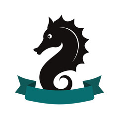 Black Seahorse Silhouette with Teal Ribbon Banner animal marine