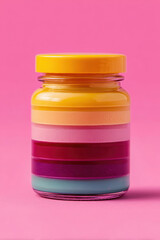 Colorful Layered Jar on Pink Background A Sweet Treat Displayed in a Glass Container with a Yellow Lid
