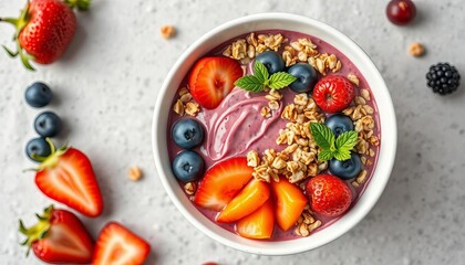 Acai bowl with fresh fruit & granola, overhead shot,   foodie,  granola