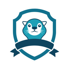 Blue cartoon otter in a dark teal shield emblem with ribbon animal cute