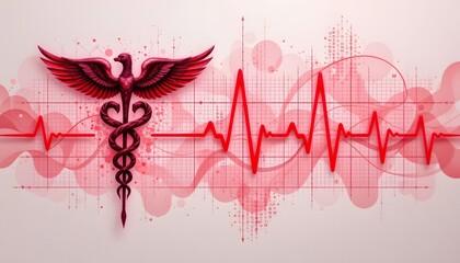 Caduceus and Pulse: A striking medical illustration featuring the Caduceus symbol juxtaposed with a dynamic red pulse line, visually representing health, medicine, and the rhythm of life.
