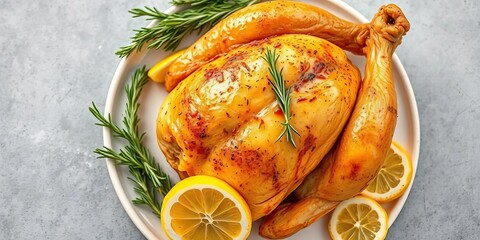 Golden-brown roasted chicken, rosemary sprigs, lemon slices on a light grey table,  food styling,  food photography