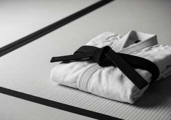 Martial arts gi with black belt tatami mat