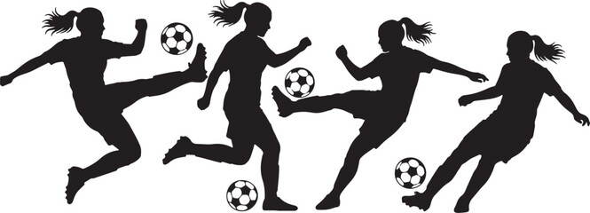 Female soccer players kicking balls football women, soccer, football, players, women, girls, kicking, action, sport, athletic, dynamic, silhouette, black, white, team, game, competition, movement, ene