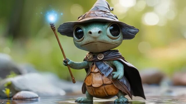 Whimsical small turtle wizard with pointed hat and glowing magic staff stands shallow water creating charming magical scene