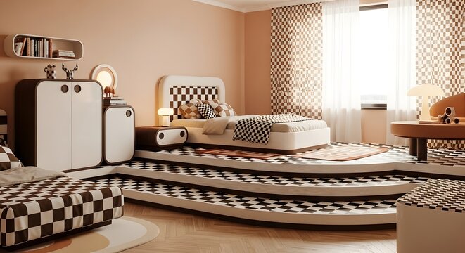 A stylish child's bedroom with a racetrack-themed platform bed and retro checkerboard furniture. - Powered by Adobe