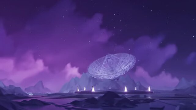 A Vast Parabolic Antenna Communicating with Distant Worlds Under a Starry Violet Sky