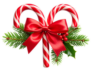  Classic Candy Cane with Red Bow and Pine Sprig Christmas Prop, isolated on transparent background  PNG
