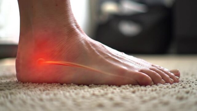 3D visualization of stabbing heel pain caused by Plantar Fasciitis. Medical, anatomy, injury concept.