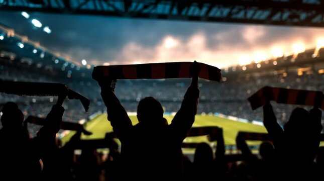 A back view of a silhouette of football fans holding football scarves over their heads, arms raised, scarves stretched out, night match atmosphere
