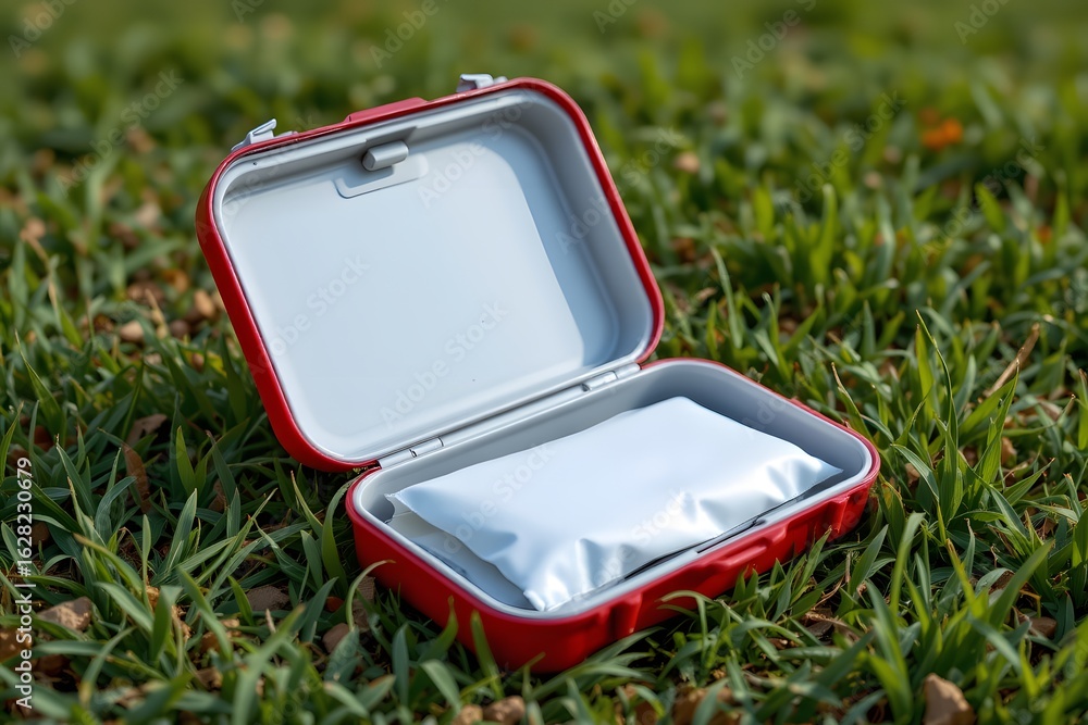 Poster red case on grass: a vibrant red case sits open on a lush green lawn, containing a small, neatly wra