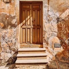 Old derelict building with wooden door and doorstep and weathered paint. Andalucia, Spain.