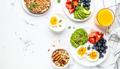 Healthy breakfast spread with boiled eggs, avocado, berries, and toast on a white marble table.