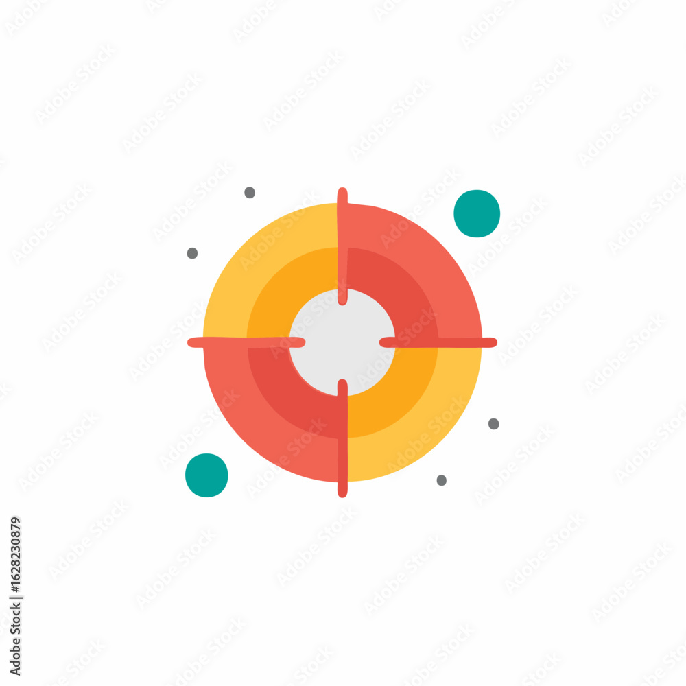 Poster concentric circles in red and yellow creating a target symbol with small dots and circles around it