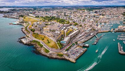 Aerial view of Plymouth Hoe and Royal Citadel along the waterfront in Plymouth, England, with...