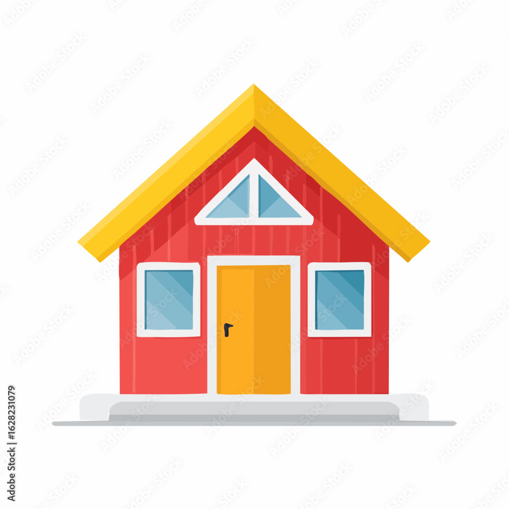 Aufkleber isolated illustration of a simple red house with a yellow roof and door, featuring a triangular wind
