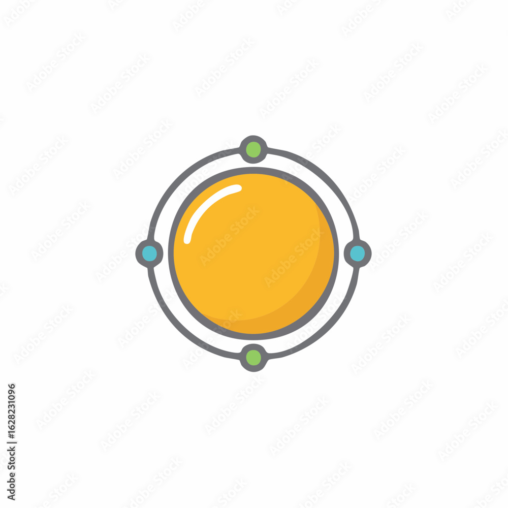 Poster abstract circular graphic with central yellow orb and orbiting dots representing data points or conn