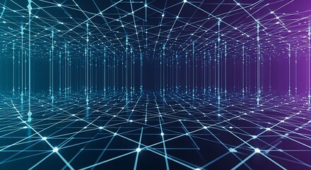 Obraz premium Abstract Network Data Visualization: Futuristic Teal and Purple Digital Grid, Connecting Nodes, Global Network Concept.