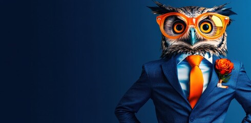 Stylish owl in trendy attire and accessories against wide banner backdrop, ideal Cool looking bird wearing funky fashion dress
