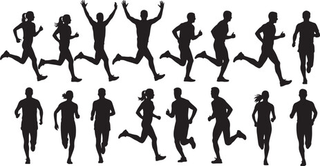 Fototapeta premium Silhouettes of men and women running in various poses, running, runners, athletes, fitness, sport, exercise, action, movement, speed, endurance, competition, race, marathon, track, field, outdoor, act