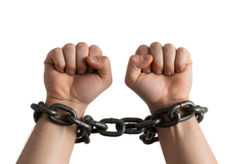 Two clenched fists connected by a dark metal chain showing strength and bondage, isolated on white or transparent background. PNG