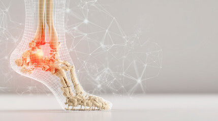 Obraz premium Digital visualization of a human foot highlighting the skeletal structure and areas of stress or pain in red.