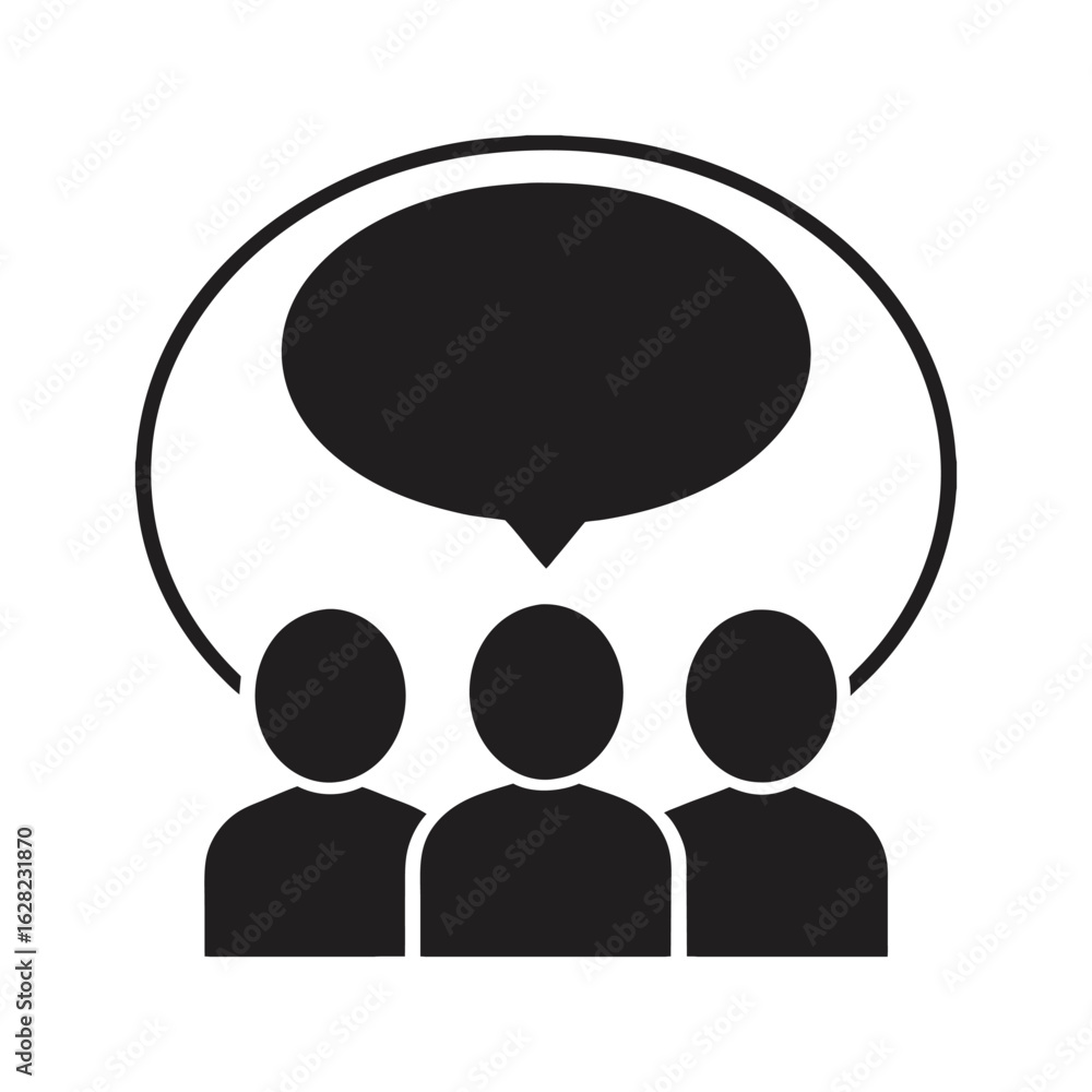 Poster silhouette icon representing group messaging and online team discussion. flat vector art on white ba