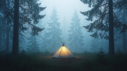 Lone tent glows with warm light in a misty dark evergreen forest