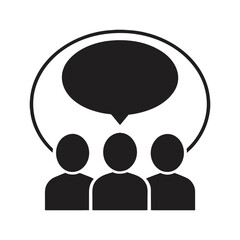 Silhouette icon representing group messaging and online team discussion. Flat vector art on white background ideal for apps and corporate UX.