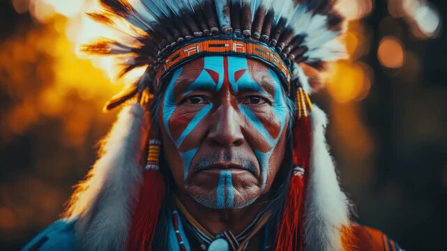 This stunning AI-generated footage captures a Native American chief in traditional attire. The portrait highlights the beauty and depth of indigenous culture. Generative AI