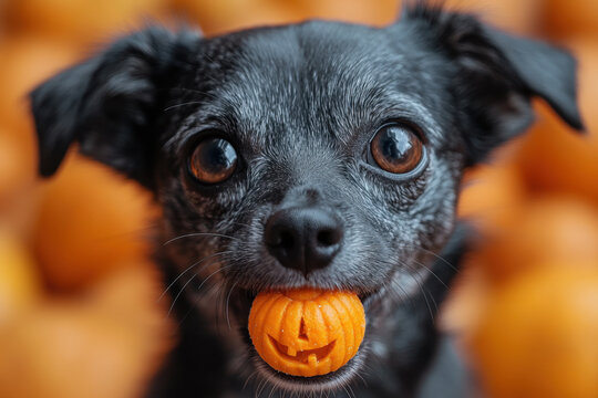 Black dog holding pumpkin in mouth.