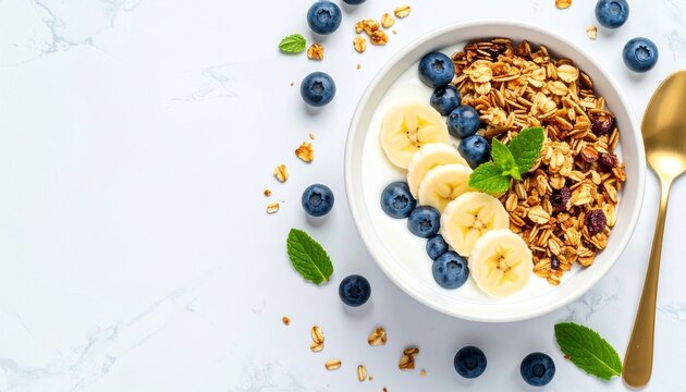 Healthy granola breakfast bowl with yogurt, fresh blueberries, and banana slices on a white marble background.