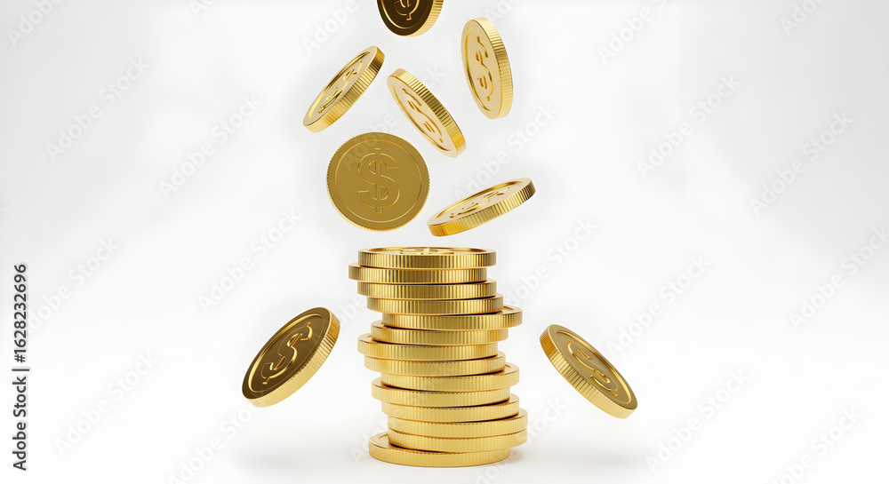 Poster pile of glossy golden coins falling down in a stack against a white background displaying currency a