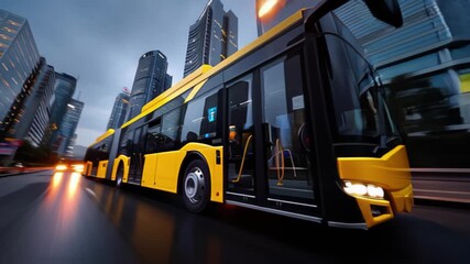 A sleek yellow bus driving through a city street with tall buildings, under a moody sky, emphasizing motion and urban life.