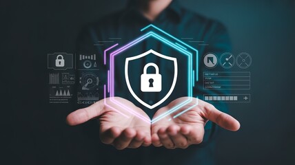 Digital security and data protection with a shield, lock, and network interface held by hands