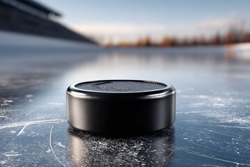 A close-up of an ice hockey puck resting on the smooth ice surface, showing visible scratches and scuff marks from intense play