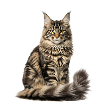 Majestic maine coon cat sitting and looking at the camera, isolated on transparent background