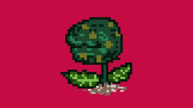 Animation of an old 16-bit game of a carnivorous plant monster on a red background, pixel art, game, video.