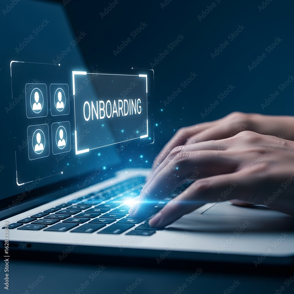 Poster hands typing on a laptop with a digital onboarding interface displaying user profiles and the word o