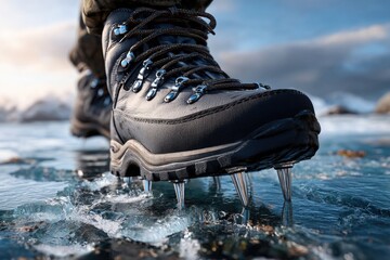 A close-up shot of a sturdy mountaineering boot firmly secured with sharp crampons digging into the icy surface