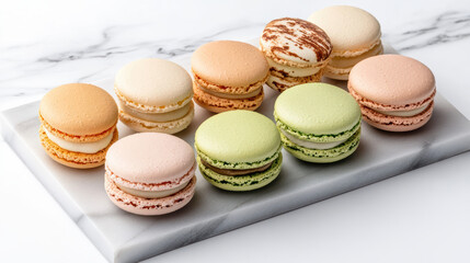 Obraz premium Assorted macarons pastel colors arranged neatly marble platter, showcasing delightful textures