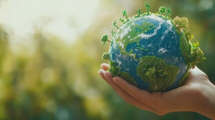 hand holding an earth globe with green symbols of sustainability