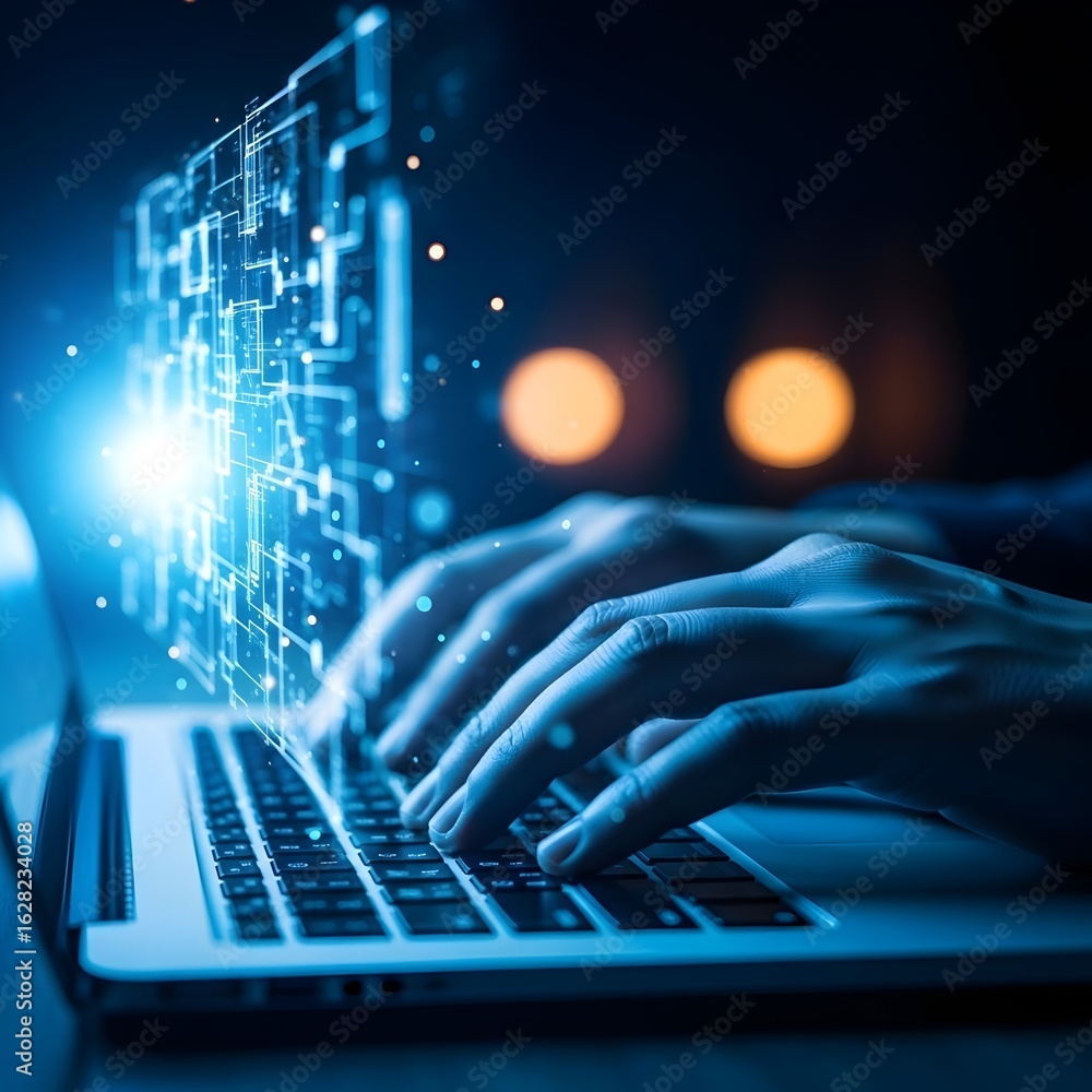 Poster hands typing on a laptop with glowing blue digital data streams emanating from the screen