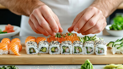 Fresh sushi preparation with skilled hands, showcasing vibrant colors and precise technique
