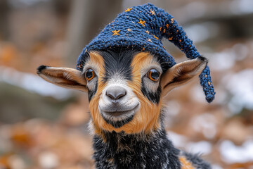Obraz premium Goat in blue hat gazes at the camera.