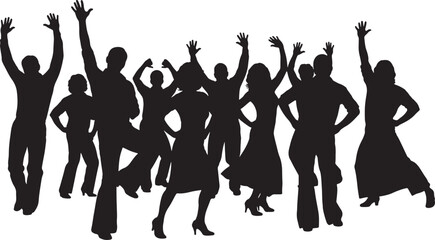 Diverse group celebrating with raised arms celebration, celebration, crowd, people, dancing, party, joy, excitement, silhouette, black, white, raised hands, group, event, festive, happy, energetic, mo