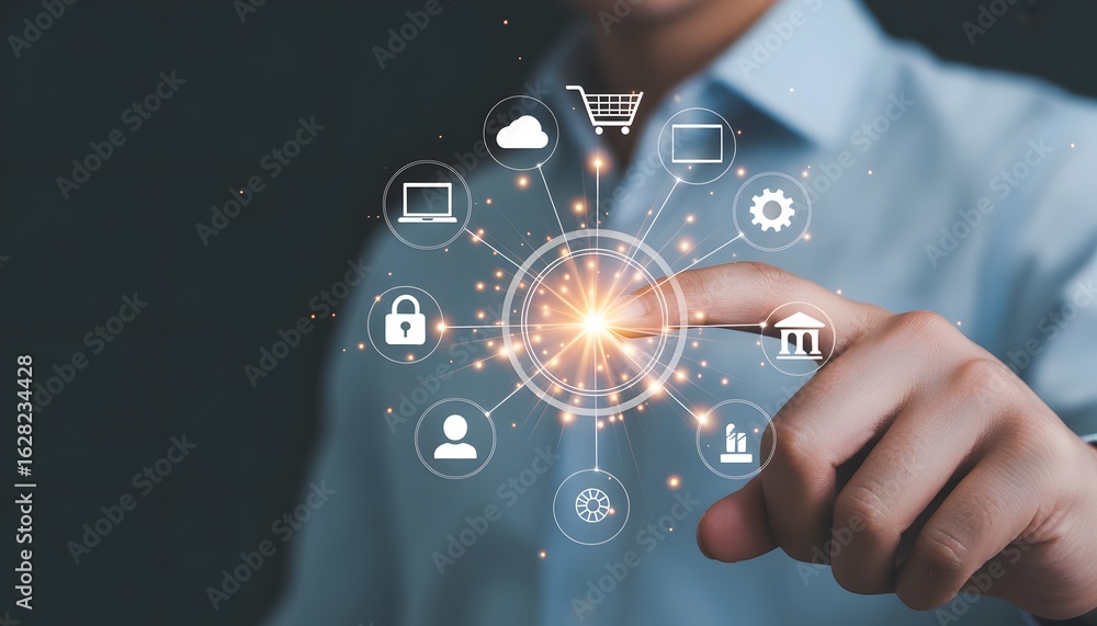 Poster digital ecosystem: a person's finger interacting with a network of interconnected icons and digital 