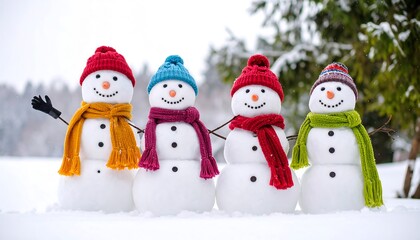 Four Cheerful Snowmen in Colorful Knitwear Winter Wonderland