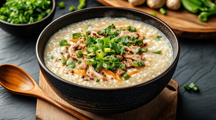 Creamy congee topped with ginger, scallions, and shredded meat, served in rustic bowl
