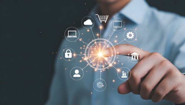 Digital Ecosystem: A person's finger interacting with a network of interconnected icons and digital representations.